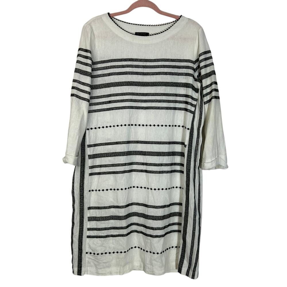 For Cynthia White w/ Black Stripes Linen Long Sleeve Sheath Midi Dress Size S